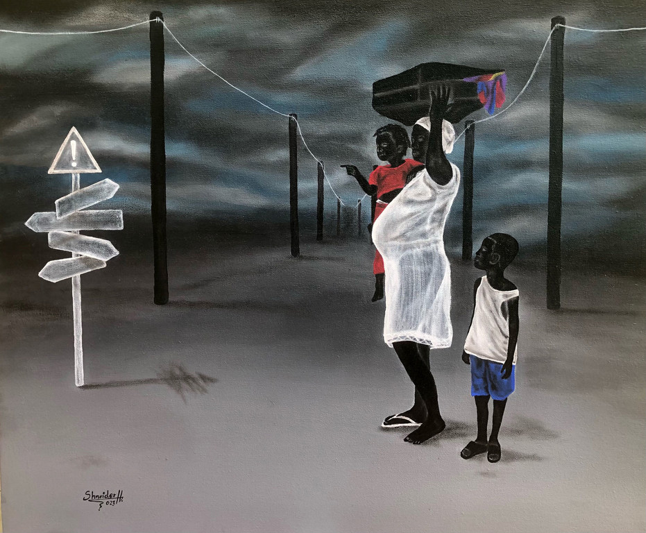 Artwork from Shneider Léon Hilaire, featured in a UN humanitarian report on Haiti.